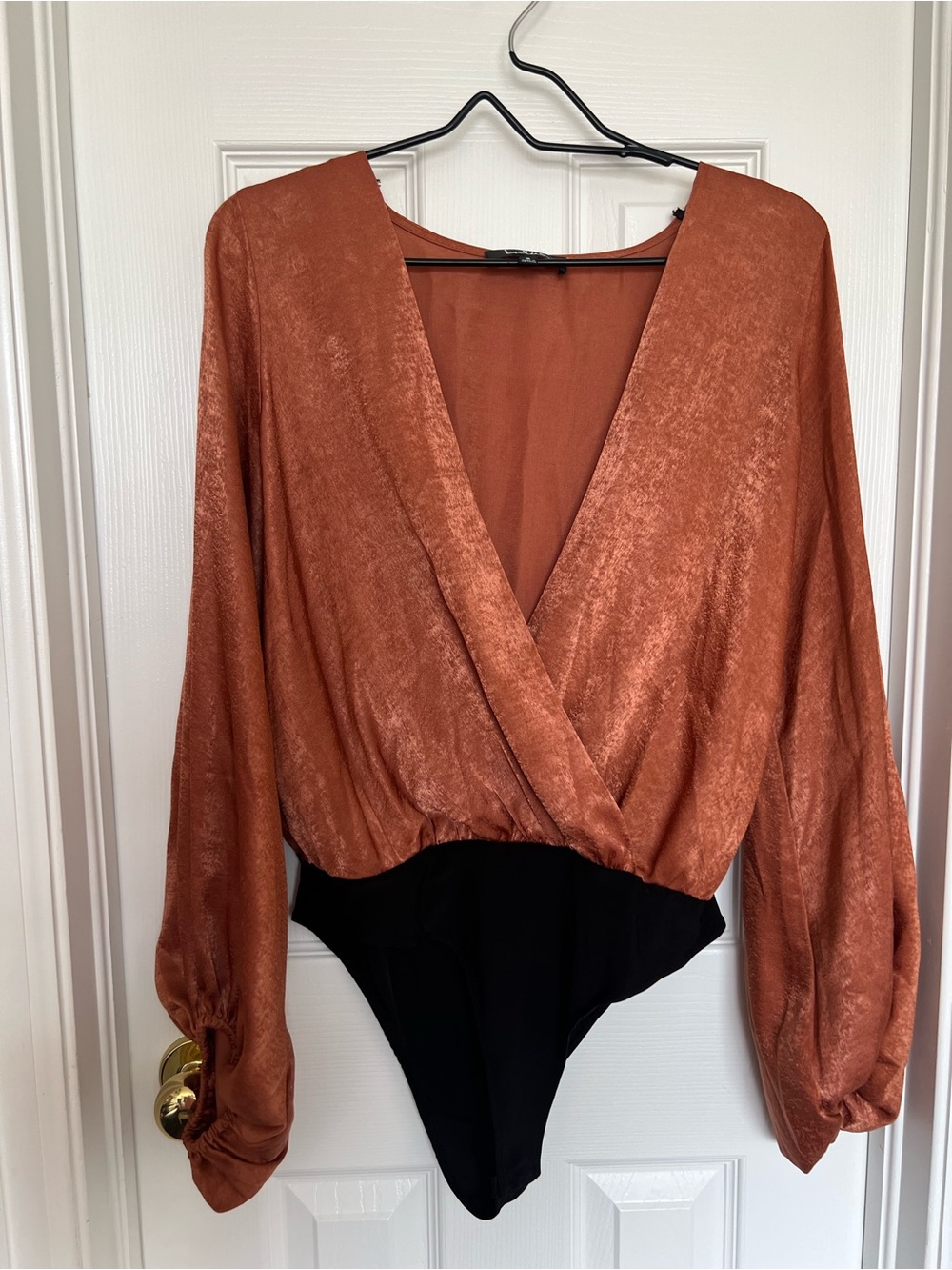 Lulus Chic Possibilities Rust Orange Satin Balloon Sleeve Bodysuit - Size S